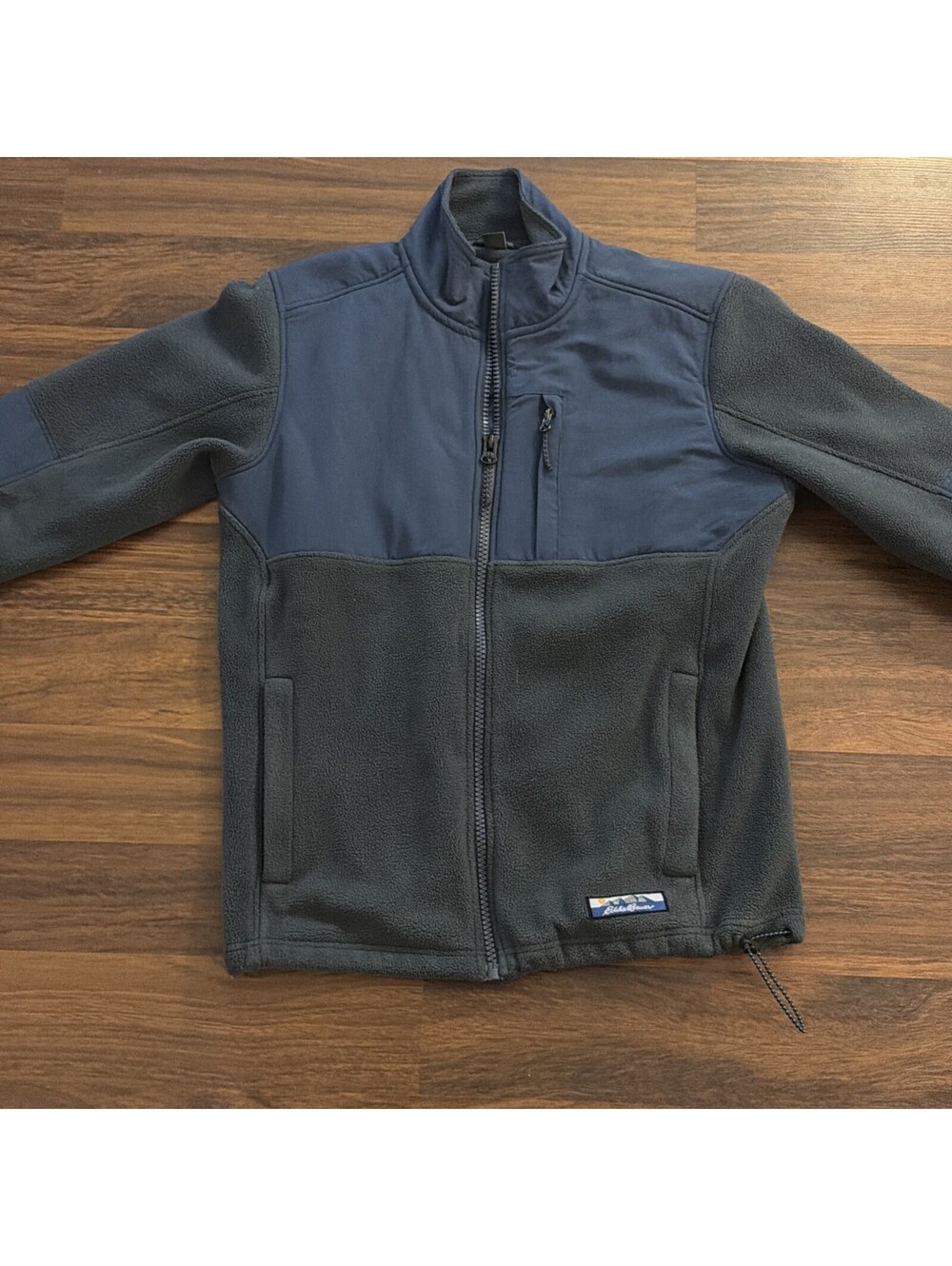 Eddie Bauer Jacket Mens Small Grey/Navy Full Zip Fleece Mock Neck Hybrid Outdoor